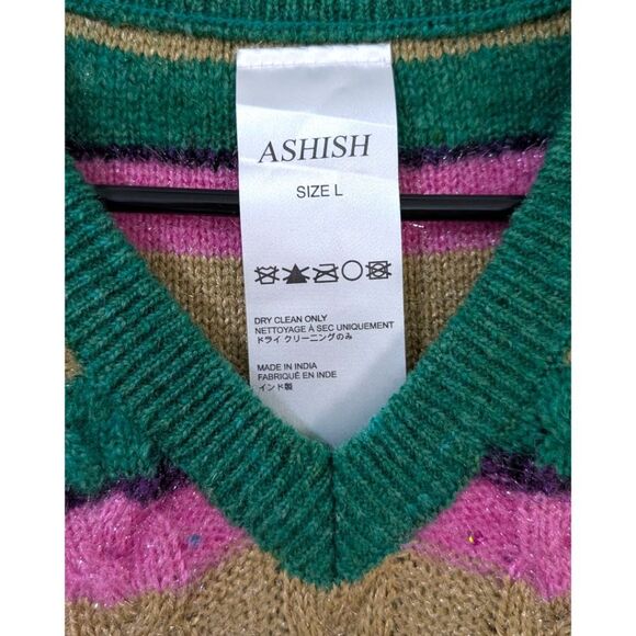 Ashish Sequins Multicolor Metallic Striped Cable-knit Sweater Vest Women's Sz L - Picture 5 of 6